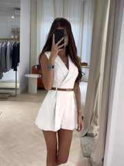 Elegant Solid Color Office Lady Temperament Sleeveless Lapel Slim Short Jumpsuit Mssza