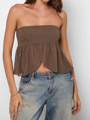 Elegant Solid Color Ruffles Hem Strapless Off-Shoulder Tube Tops With Scarf Mssza