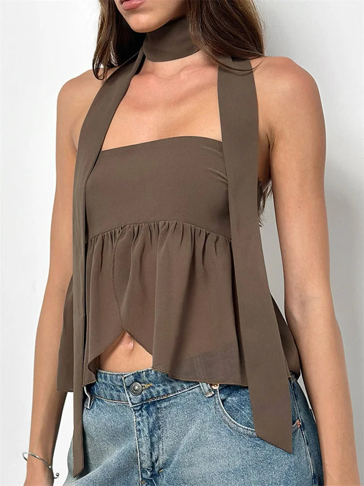 Elegant Solid Color Ruffles Hem Strapless Off-Shoulder Tube Tops With Scarf Mssza