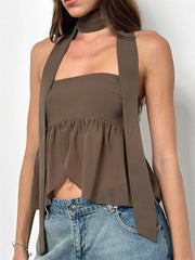 Elegant Solid Color Ruffles Hem Strapless Off-Shoulder Tube Tops With Scarf Mssza