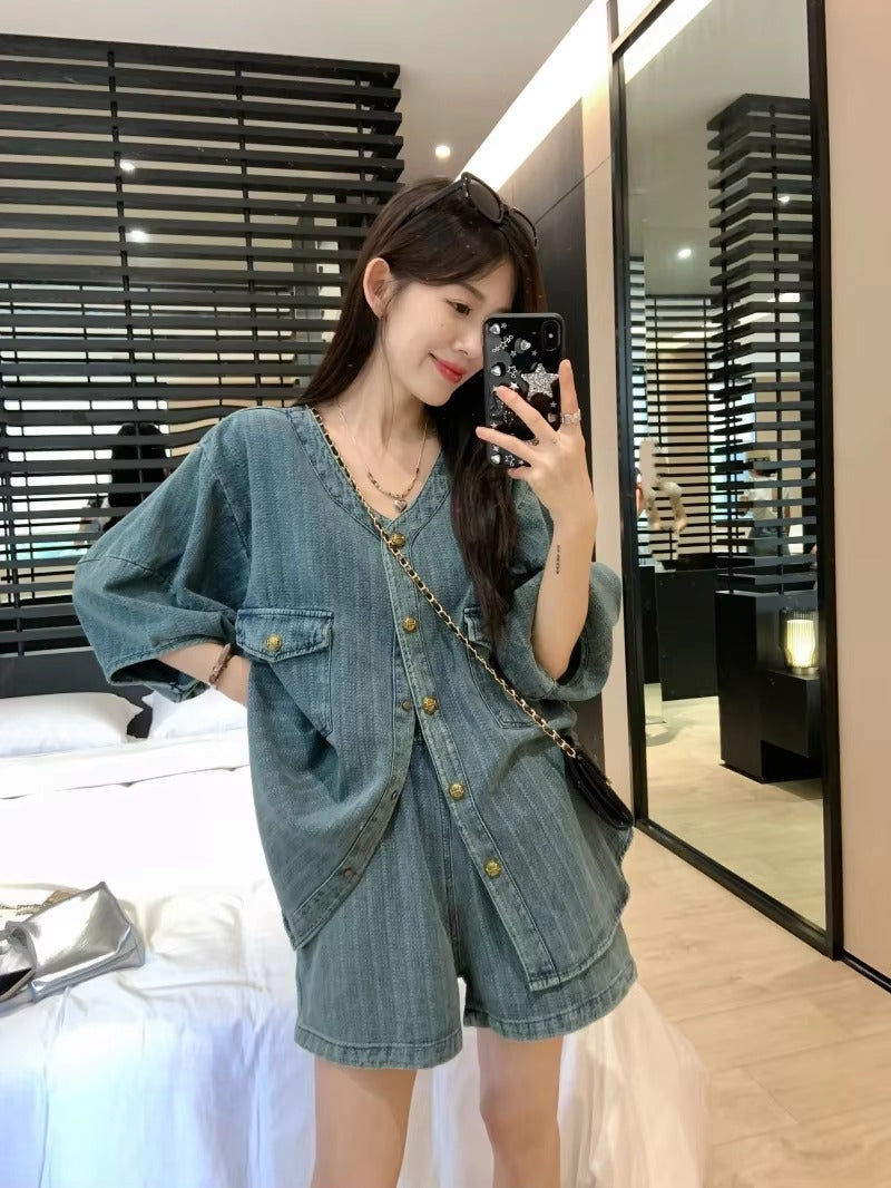 Elegant Solid Color Loose Coat Top Wide Leg Short Pants Two-piece Set Mssza