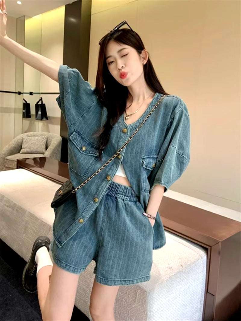 Elegant Solid Color Loose Coat Top Wide Leg Short Pants Two-piece Set Mssza