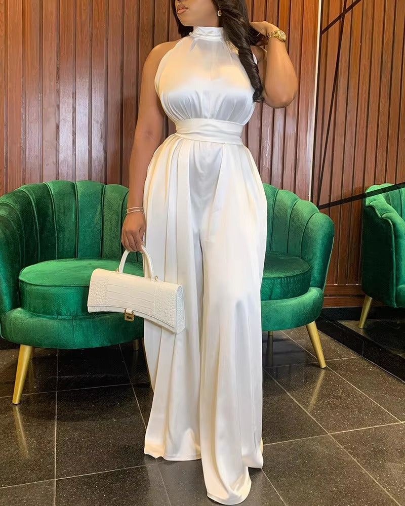 Elegant Solid Color Sleeveless Mock Neck Wide Leg Satin Jumpsuit Mssza