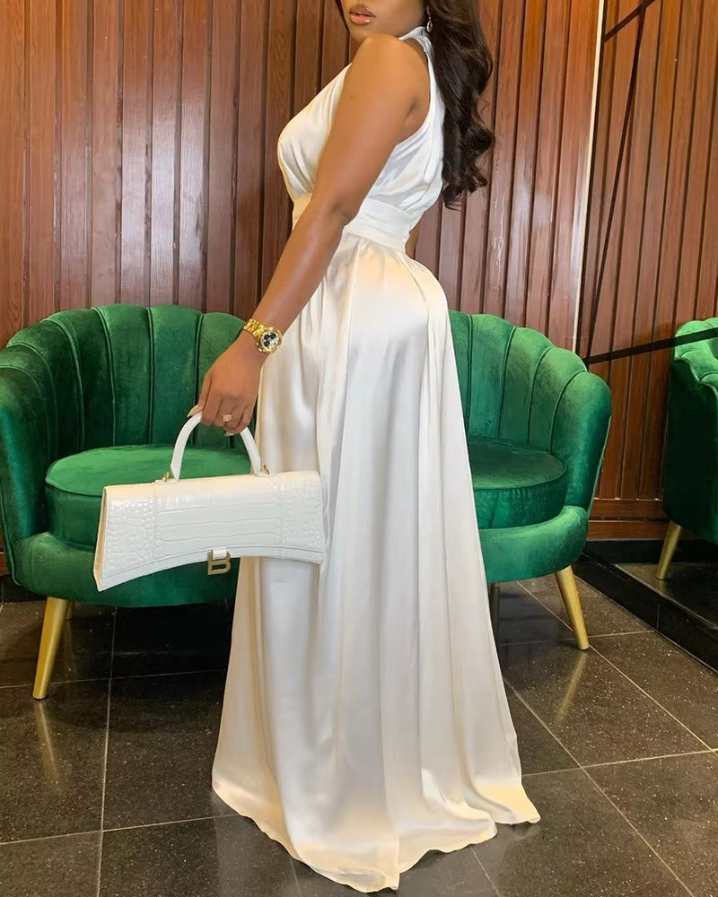 Elegant Solid Color Sleeveless Mock Neck Wide Leg Satin Jumpsuit Mssza