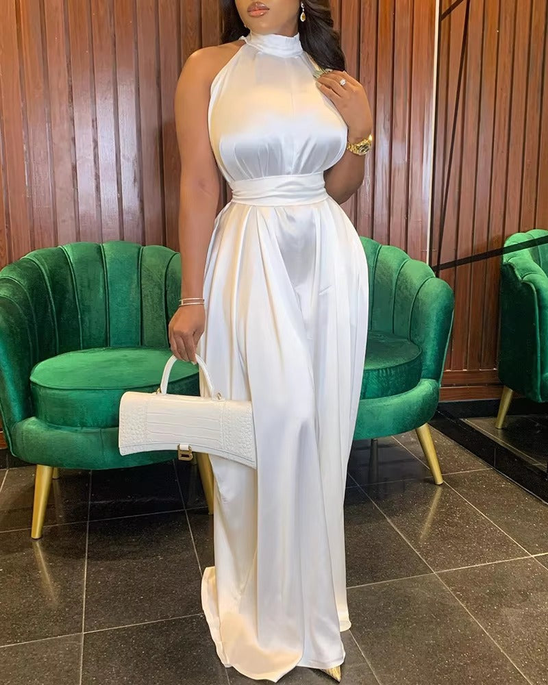 Elegant Solid Color Sleeveless Mock Neck Wide Leg Satin Jumpsuit Mssza