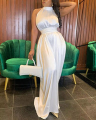Elegant Solid Color Sleeveless Mock Neck Wide Leg Satin Jumpsuit Mssza