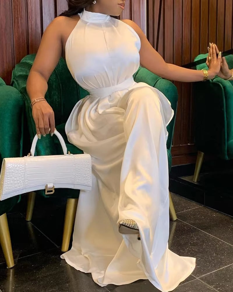 Elegant Solid Color Sleeveless Mock Neck Wide Leg Satin Jumpsuit Mssza
