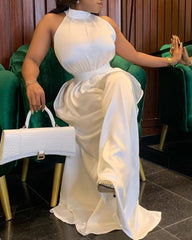 Elegant Solid Color Sleeveless Mock Neck Wide Leg Satin Jumpsuit Mssza