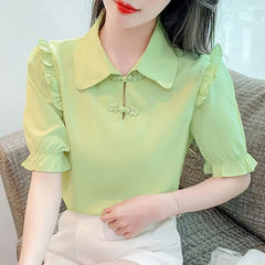 Elegant Solid Color Versatile Short Sleeve Commuter Pan Button Chiffon Shirt Tops Mssza