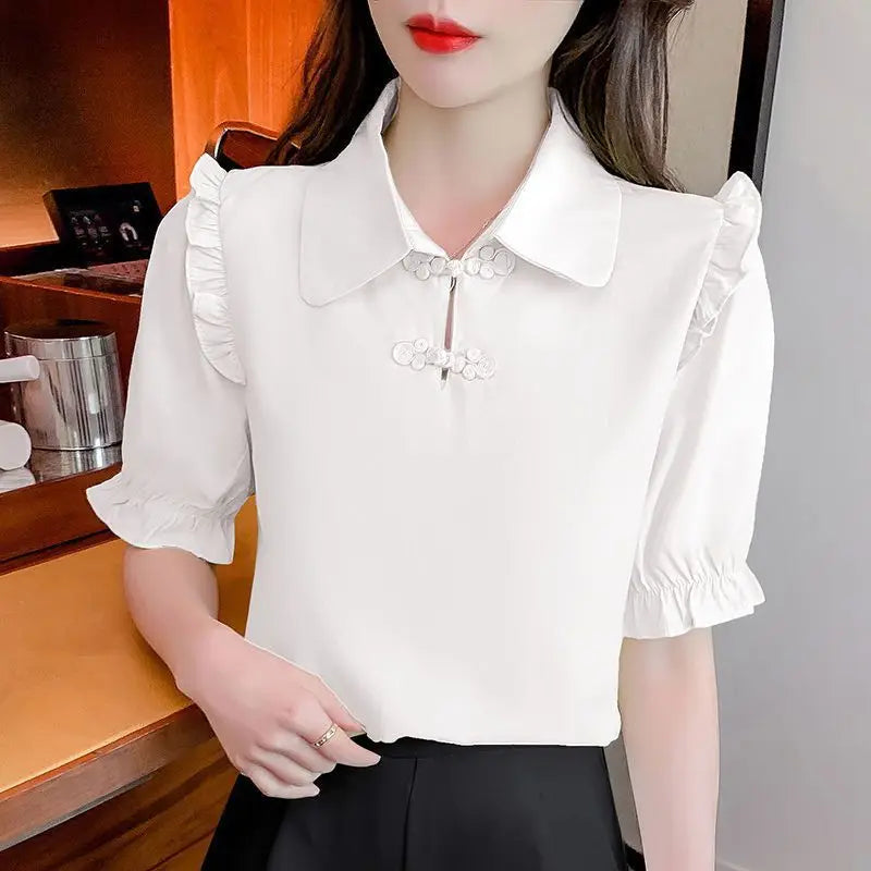 Elegant Solid Color Versatile Short Sleeve Commuter Pan Button Chiffon Shirt Tops Mssza