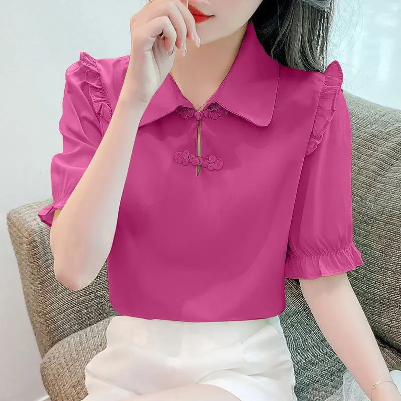 Elegant Solid Color Versatile Short Sleeve Commuter Pan Button Chiffon Shirt Tops Mssza