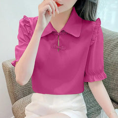 Elegant Solid Color Versatile Short Sleeve Commuter Pan Button Chiffon Shirt Tops Mssza
