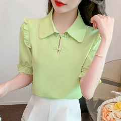 Elegant Solid Color Versatile Short Sleeve Commuter Pan Button Chiffon Shirt Tops Mssza