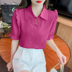 Elegant Solid Color Versatile Short Sleeve Commuter Pan Button Chiffon Shirt Tops Mssza