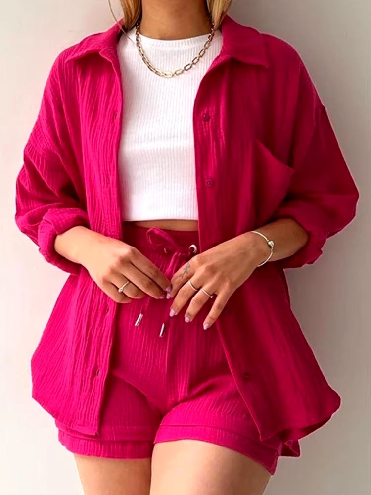 Elegant Solid Full Sleeves Beach Outfit Two Piece Suit Short Sets Mssza