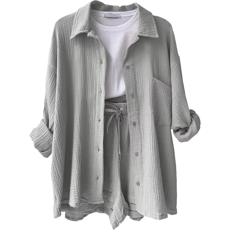 Elegant Solid Full Sleeves Beach Outfit Two Piece Suit Short Sets Mssza