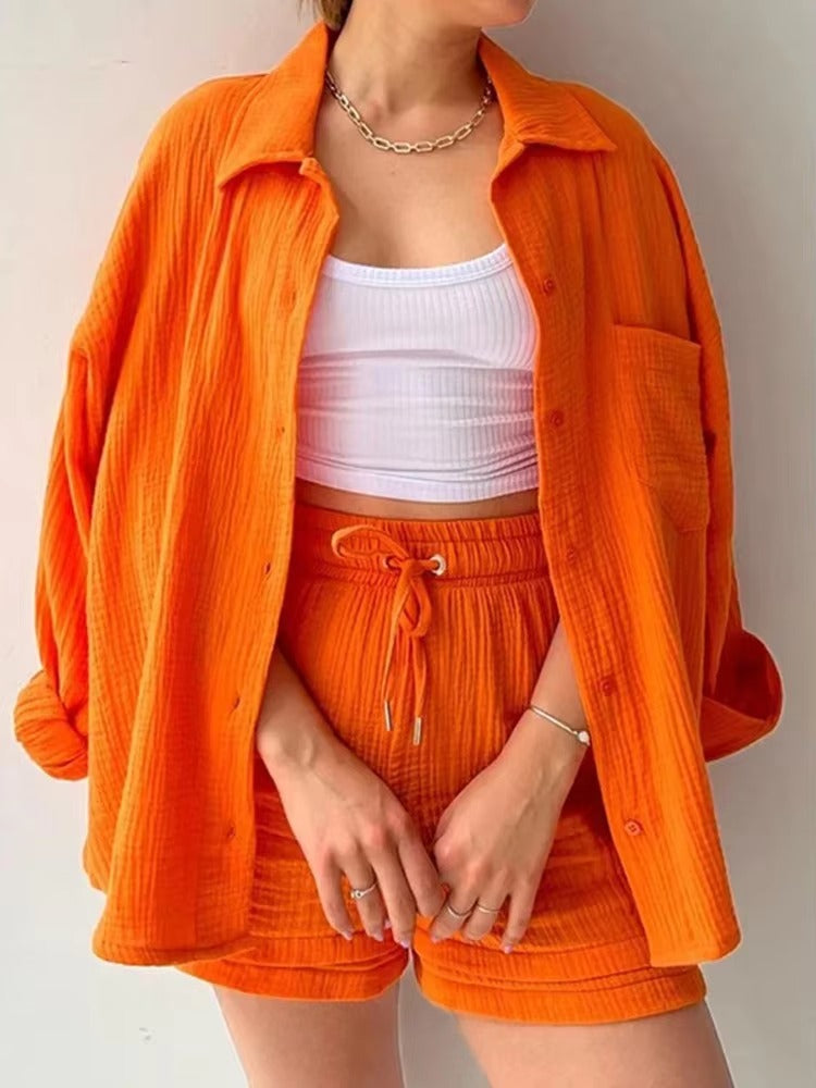 Elegant Solid Full Sleeves Beach Outfit Two Piece Suit Short Sets Mssza
