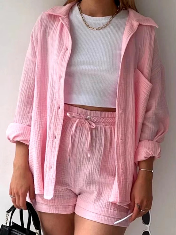 Elegant Solid Full Sleeves Beach Outfit Two Piece Suit Short Sets Mssza