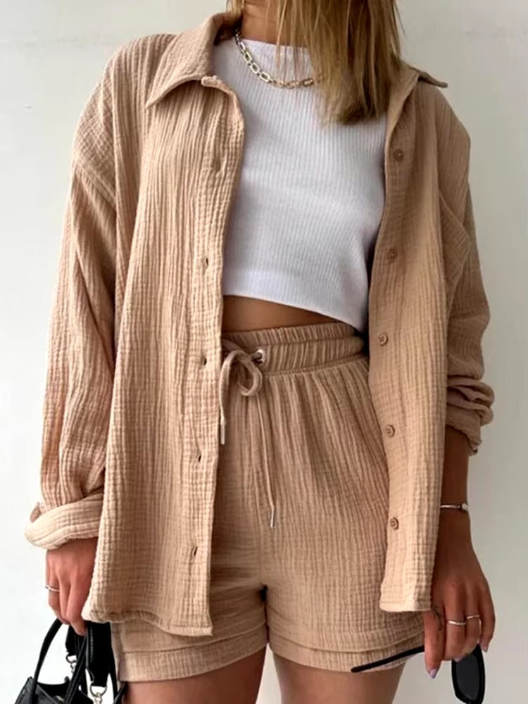Elegant Solid Full Sleeves Beach Outfit Two Piece Suit Short Sets Mssza