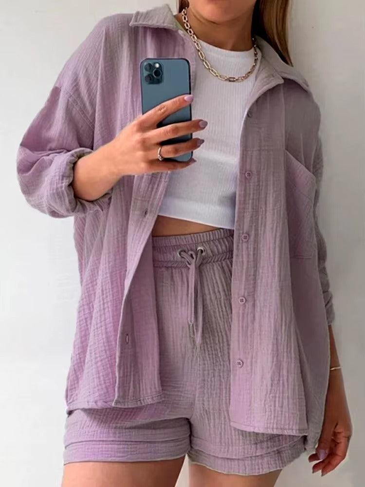 Elegant Solid Full Sleeves Beach Outfit Two Piece Suit Short Sets Mssza