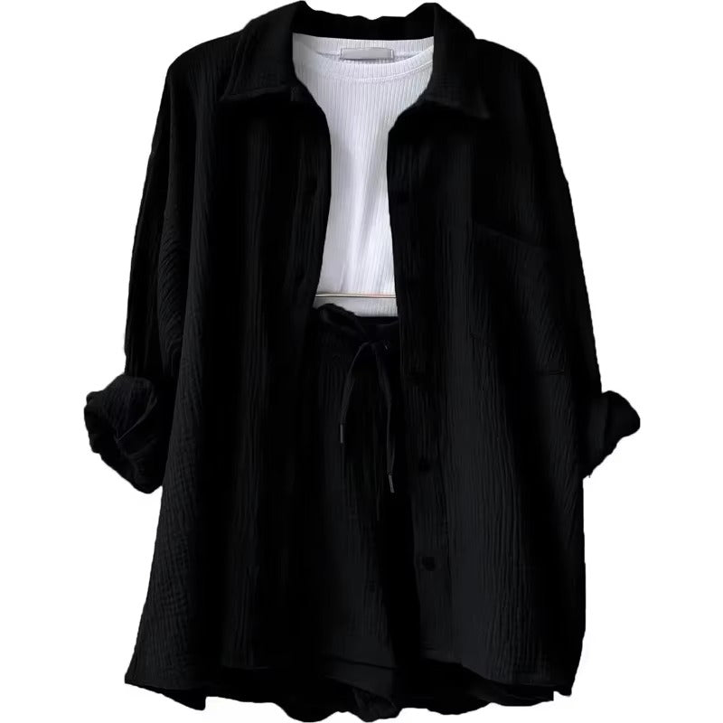 Elegant Solid Full Sleeves Beach Outfit Two Piece Suit Short Sets Mssza