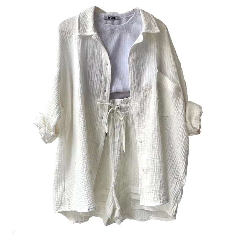 Elegant Solid Full Sleeves Beach Outfit Two Piece Suit Short Sets Mssza