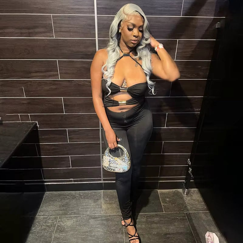 Elegant Solid Halter Off-Shoulder Hollow Out Backless Jumpsuits Mssza
