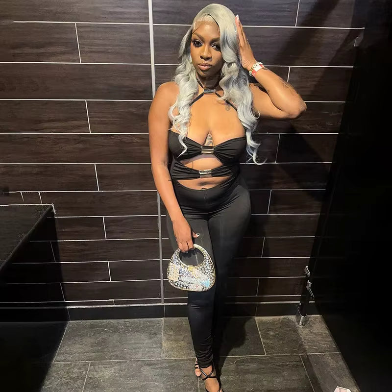 Elegant Solid Halter Off-Shoulder Hollow Out Backless Jumpsuits Mssza