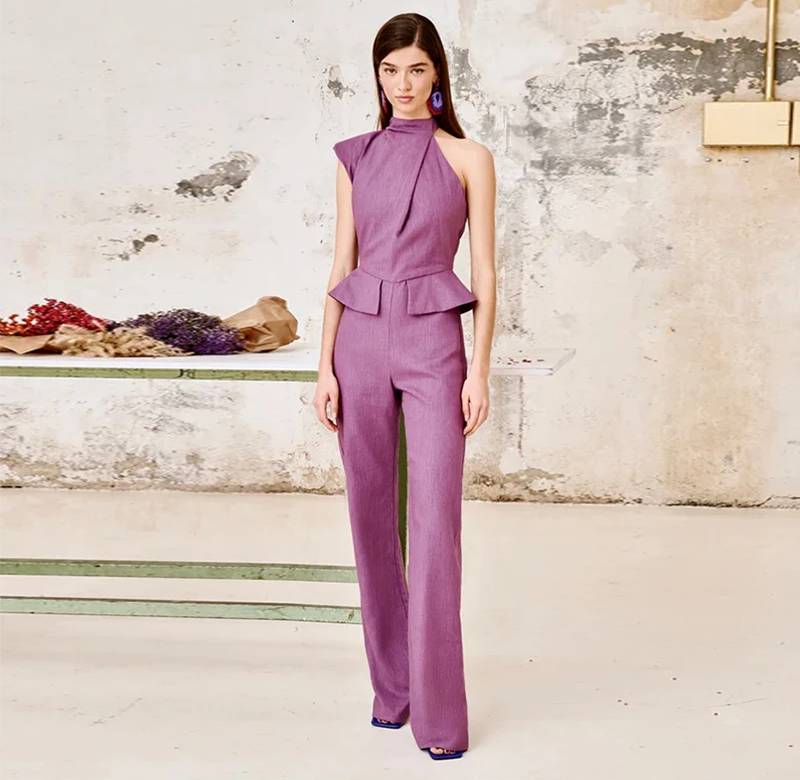 Elegant Solid Halter Waist Fake Pockets Wide Leg Cinching One Piece Jumpsuit Mssza