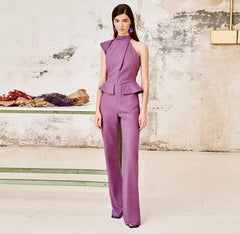 Elegant Solid Halter Waist Fake Pockets Wide Leg Cinching One Piece Jumpsuit Mssza