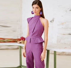 Elegant Solid Halter Waist Fake Pockets Wide Leg Cinching One Piece Jumpsuit Mssza
