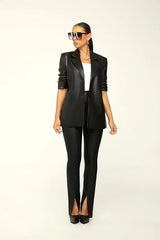 Elegant Solid Notched Lapel PU Leather Slimming Suit Jacket Skirt Set Mssza