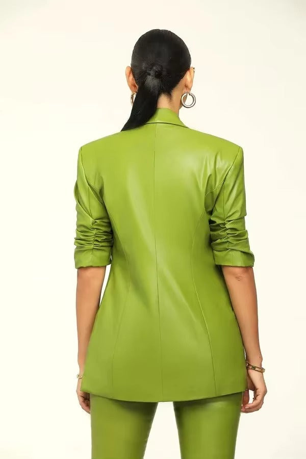 Elegant Solid Notched Lapel PU Leather Slimming Suit Jacket Skirt Set Mssza