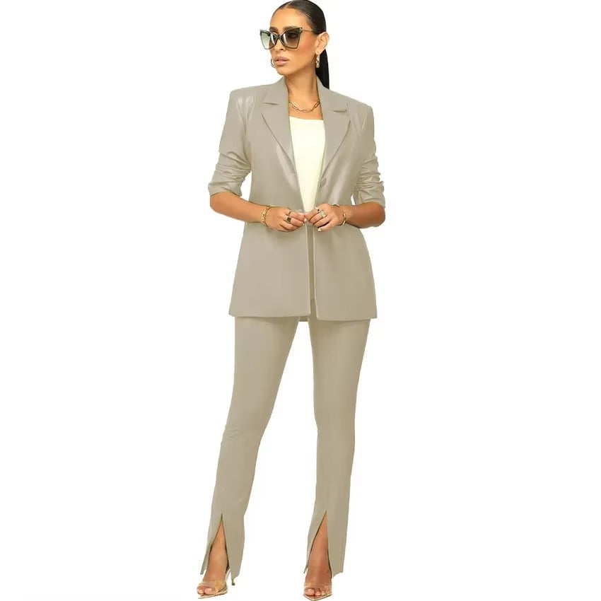 Elegant Solid Notched Lapel PU Leather Slimming Suit Jacket Skirt Set Mssza