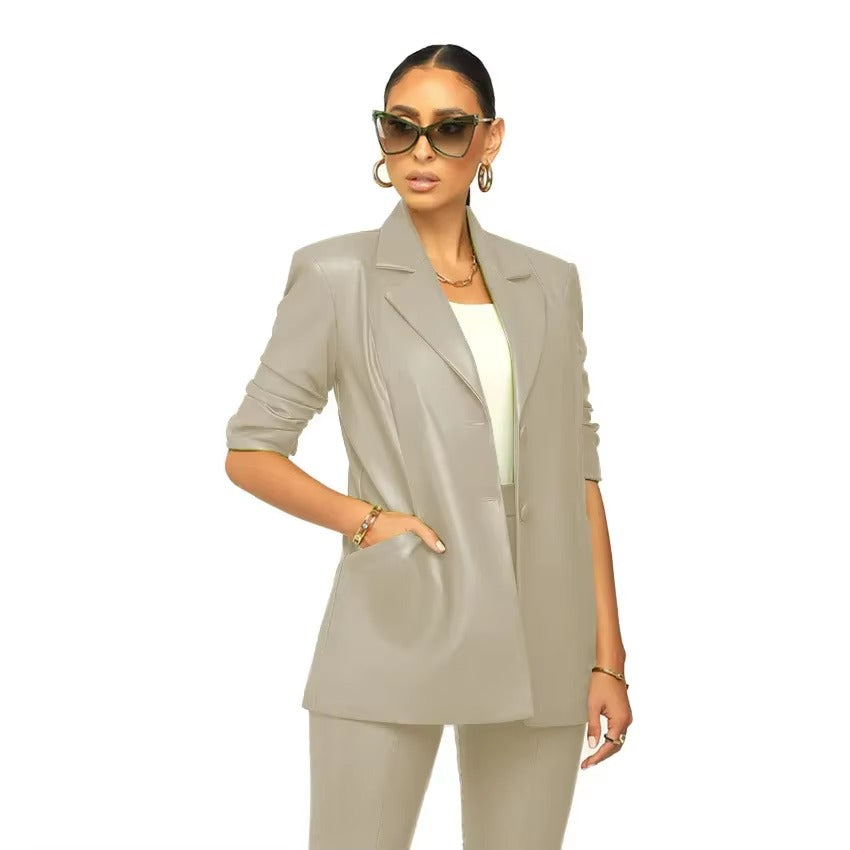 Elegant Solid Notched Lapel PU Leather Slimming Suit Jacket Skirt Set Mssza