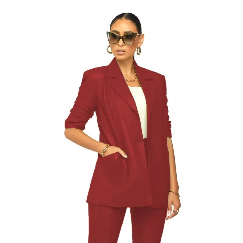 Elegant Solid Notched Lapel PU Leather Slimming Suit Jacket Skirt Set Mssza