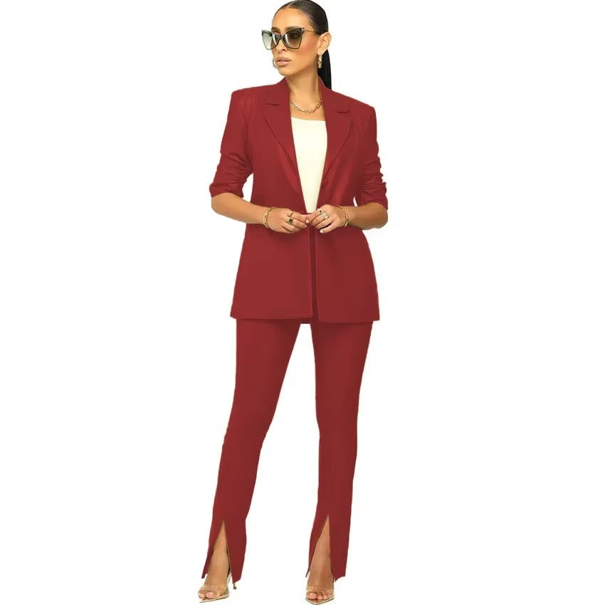 Elegant Solid Notched Lapel PU Leather Slimming Suit Jacket Skirt Set Mssza