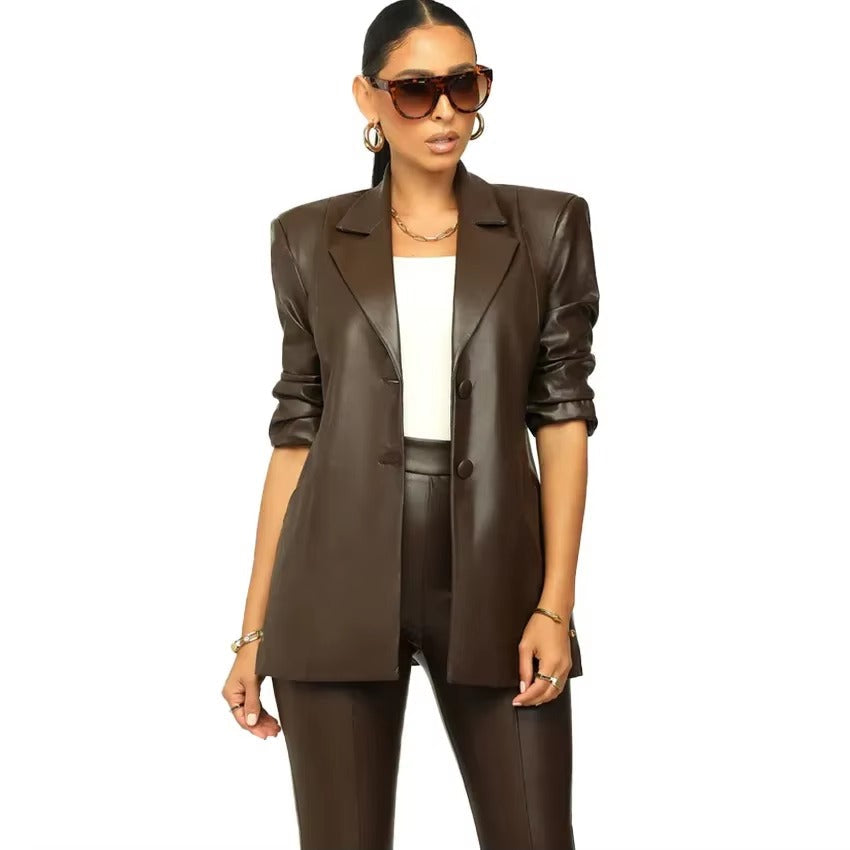 Elegant Solid Notched Lapel PU Leather Slimming Suit Jacket Skirt Set Mssza