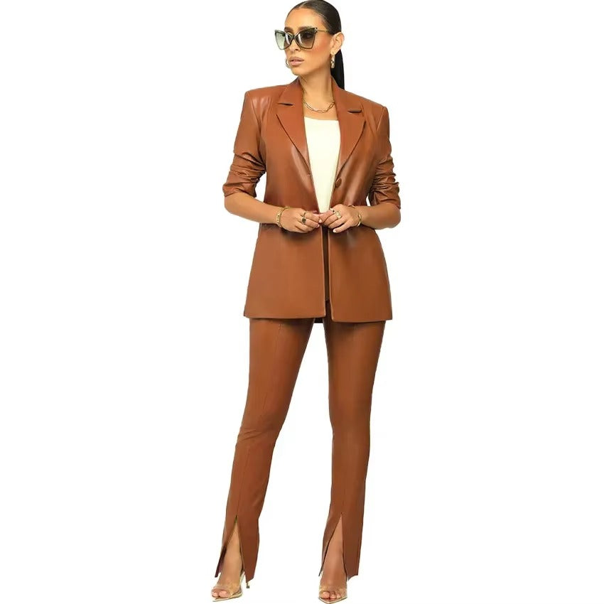 Elegant Solid Notched Lapel PU Leather Slimming Suit Jacket Skirt Set Mssza