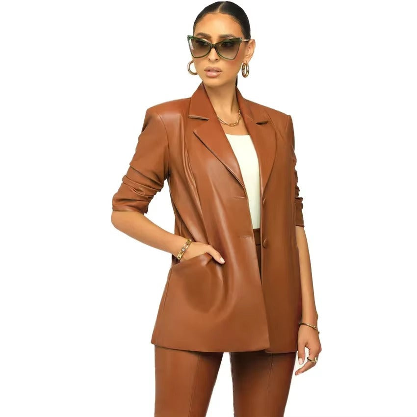 Elegant Solid Notched Lapel PU Leather Slimming Suit Jacket Skirt Set Mssza