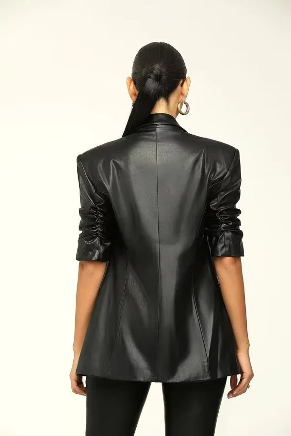 Elegant Solid Notched Lapel PU Leather Slimming Suit Jacket Skirt Set Mssza