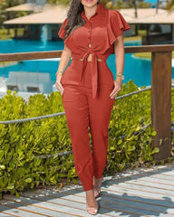 Elegant Solid Ruffles Knotted Design Crop Top and High Waist Pants 2 Piece Set Mssza