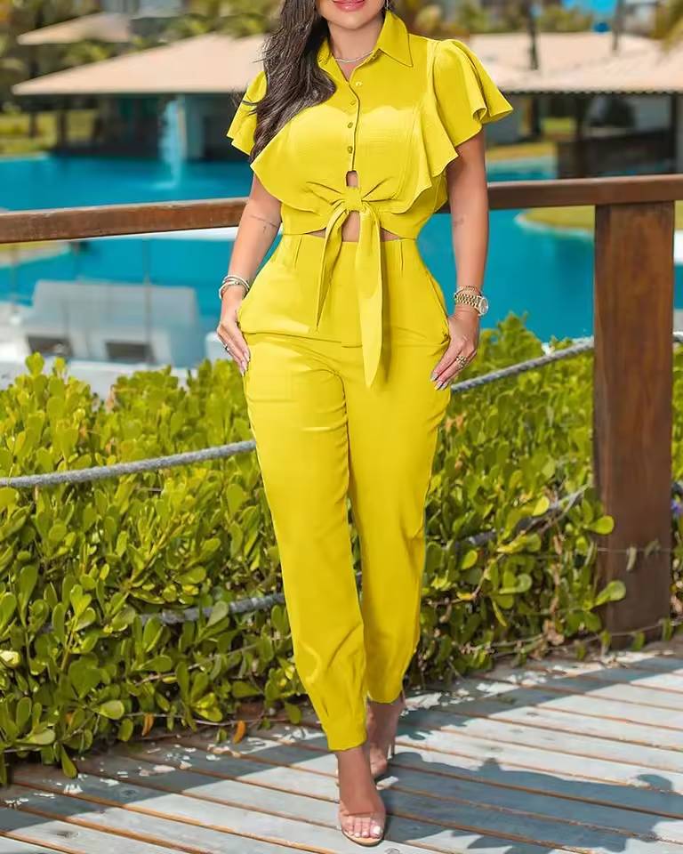 Elegant Solid Ruffles Knotted Design Crop Top and High Waist Pants 2 Piece Set Mssza