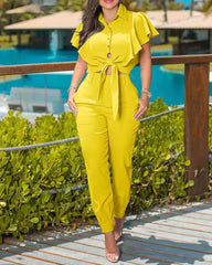 Elegant Solid Ruffles Knotted Design Crop Top and High Waist Pants 2 Piece Set Mssza