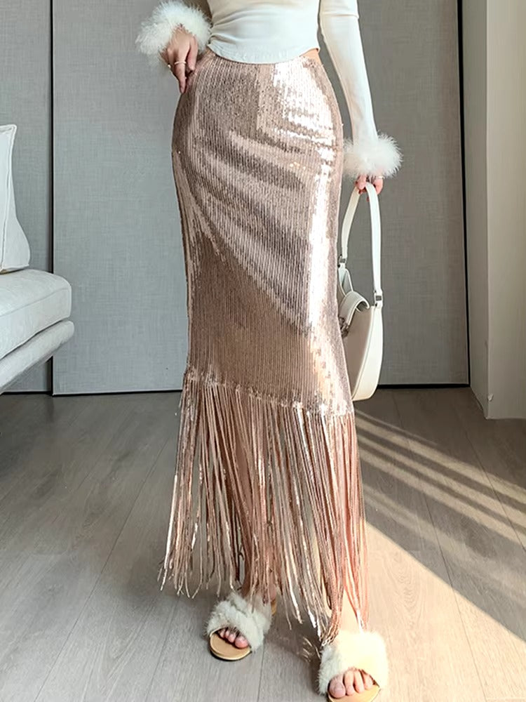 Elegant Solid Sequins Shining Tassels High Waist Half-body Skirt Mssza