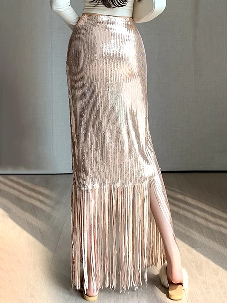 Elegant Solid Sequins Shining Tassels High Waist Half-body Skirt Mssza