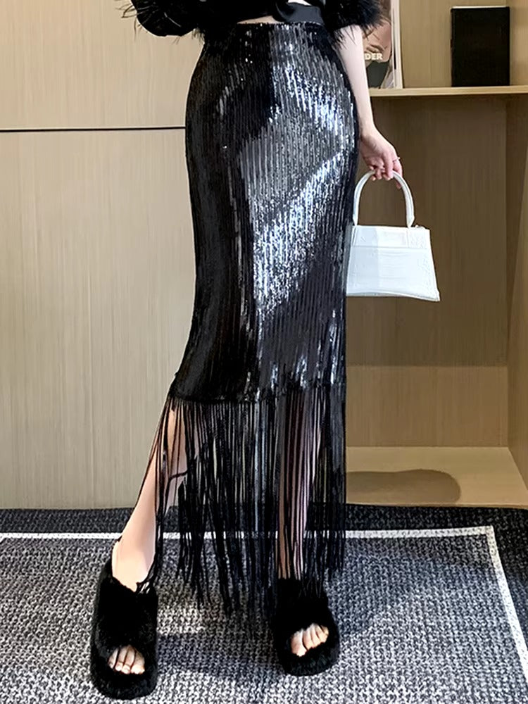 Elegant Solid Sequins Shining Tassels High Waist Half-body Skirt Mssza