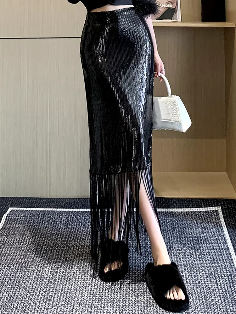 Elegant Solid Sequins Shining Tassels High Waist Half-body Skirt Mssza