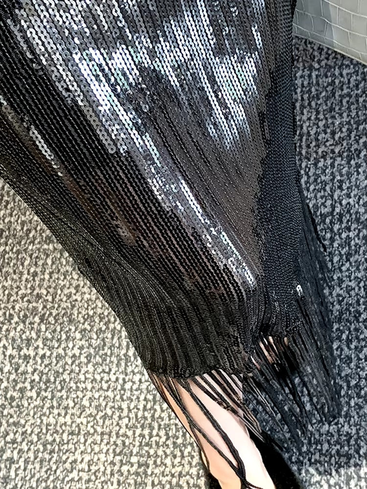 Elegant Solid Sequins Shining Tassels High Waist Half-body Skirt Mssza