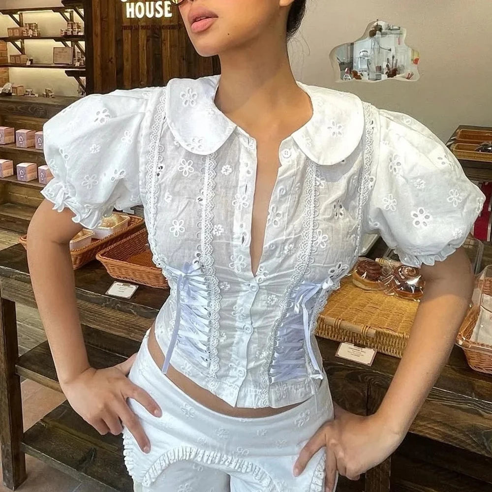 Elegant Solid Spliced Button Lapel Short Sleeve Slimming Blouses Mssza
